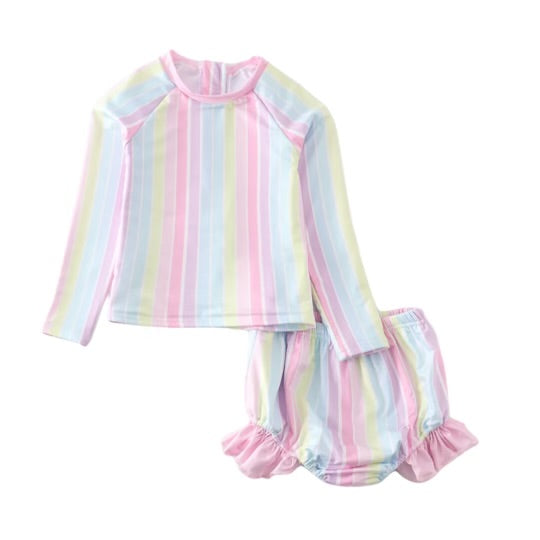 Rainbow stripe long sleeve 2pc rashguard swimsuit