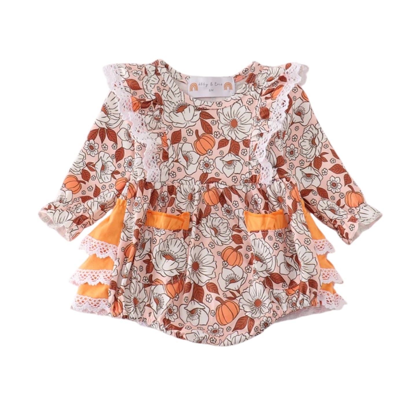 PUMPKIN FLORAL PRINT LACE RUFFLE BUBBLE