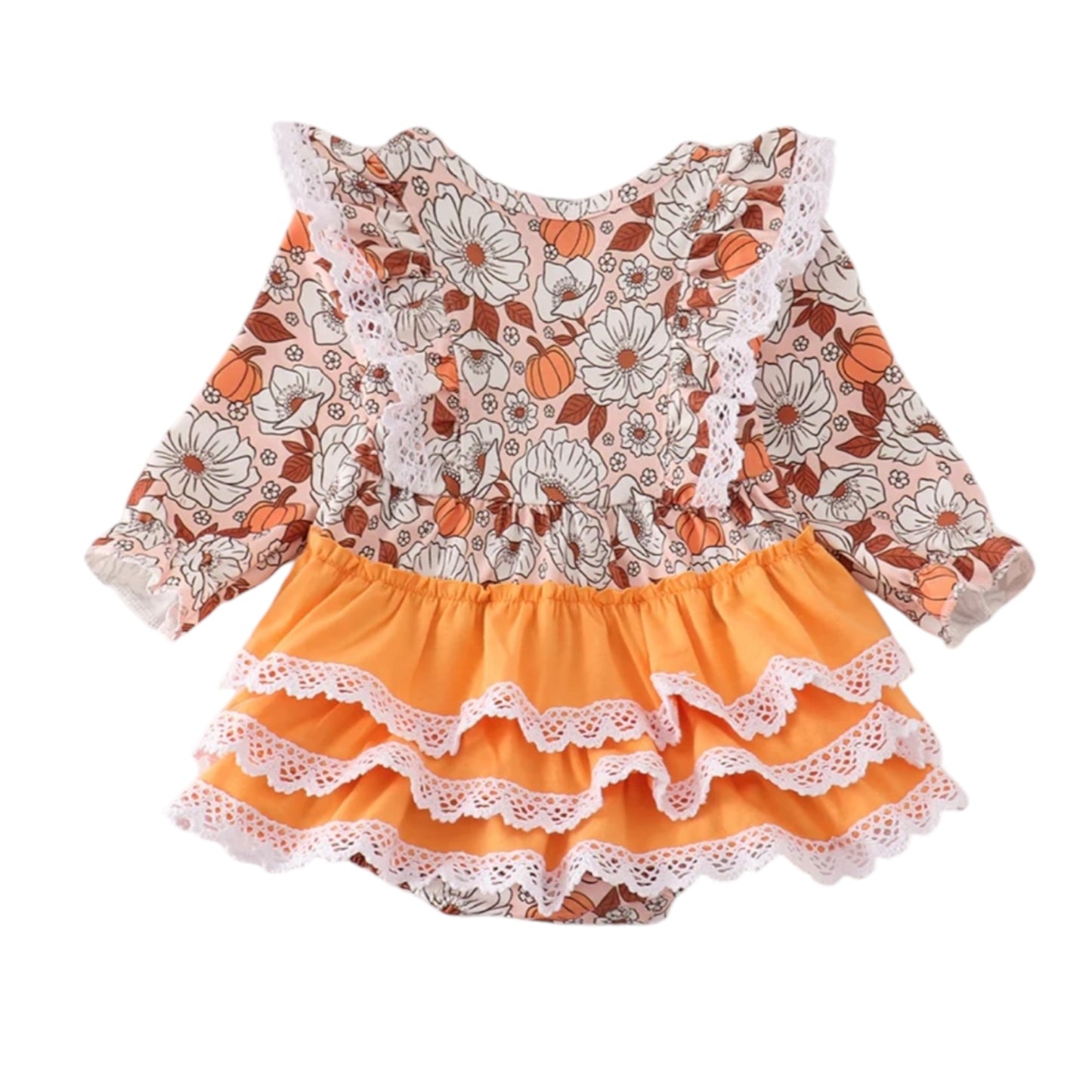 PUMPKIN FLORAL PRINT LACE RUFFLE BUBBLE