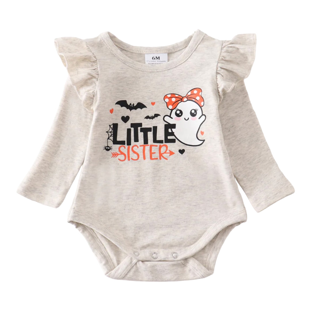 Little Sister Ghost Ruffle Baby Onesie