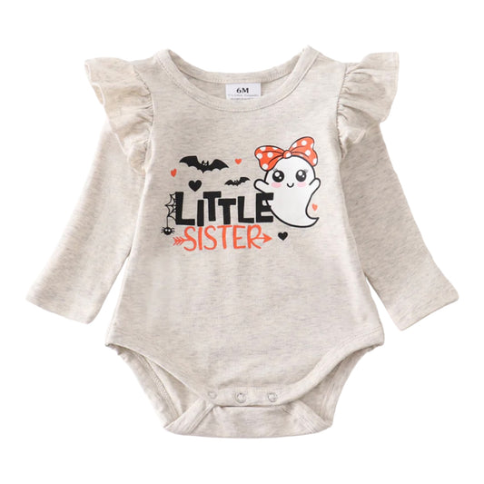 Little Sister Ghost Ruffle Baby Onesie