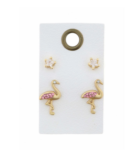 CLEAR CRYSTAL STAR STUD, PINK CRYSTAL FLAMINGO EARRING