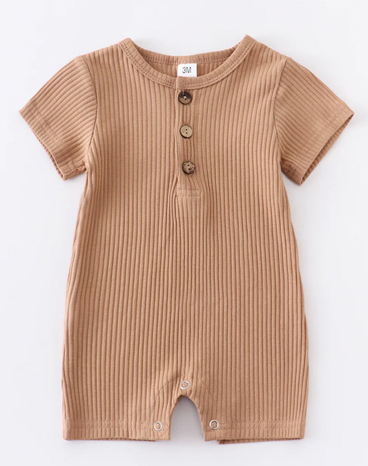 Beige Button Ribbed Cotton Baby Romper